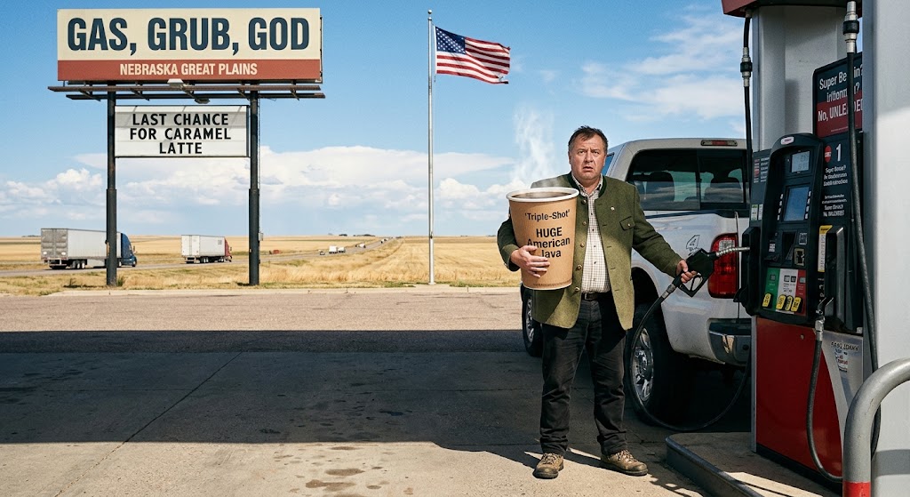 Ein älterer, sichtlich überforderter Mann in traditioneller österreichischer Trachtenjacke steht an einer entlegenen Tankstelle im flachen, unendlichen Nirgendwo von Nebraska. Neben einem riesigen weißen Ford-Pickup hält er ungläubig die Zapfpistole in der einen Hand und schaut mit entsetztem Blick direkt in die Kamera. Unter dem armseligen Schatten des Tankstellendachs umklammert er wie einen Eimer einen gigantischen, dampfenden Pappbecher mit der Aufschrift „Triple-Shot HUGE American Java“. Im Hintergrund erstreckt sich eine schnurgerade Landstraße bis zum Horizont, überragt von einer mächtigen US-Flagge und einem verblichenen Reklameschild mit der Aufschrift „GAS, GRUB, GOD – LAST CHANCE FOR CARAMEL LATTE“.